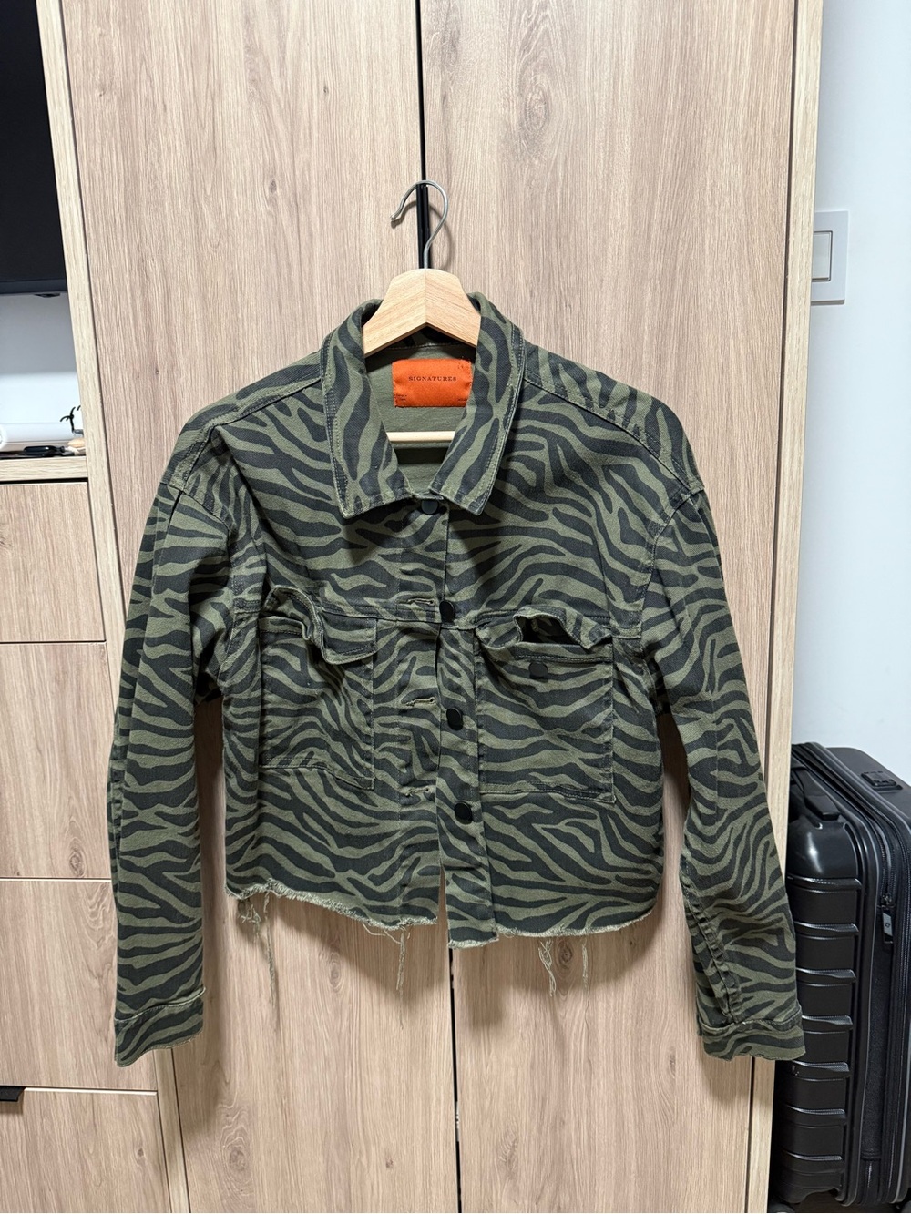 Signature Olive Green Zebra-Print Cropped Jean Jacket